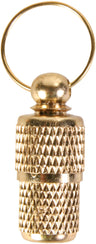 Metallanhänger mit Kappe in goldener Farbe und geriffeltem Muster sowie einem Ring an der Oberseite.