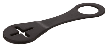 Schwarzes Werkzeug mit rundem und kreuzförmigem Ende, flach und aus festem Material.