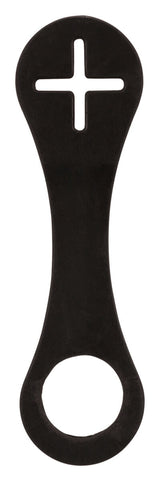 Schwarzes, flaches Werkzeug in Form eines Schlüssels mit kreuzförmigem Ausschnitt oben und rundem Loch unten.