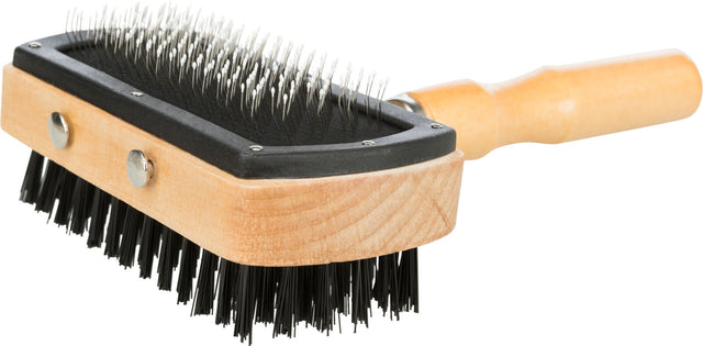 Holzbürste mit Metall- und Nylonborsten, rechteckige Form, Griff aus hellem Holz, schwarze Borstenbasis.