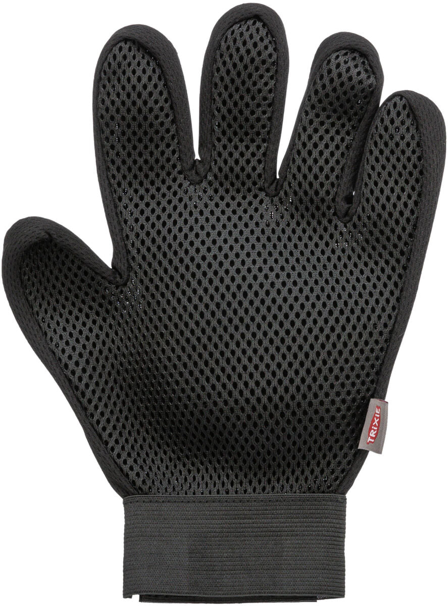 Schwarzer Netz-Handschuh mit fünf Fingern und einem elastischen Bund, verziert mit einem kleinen roten Etikett.