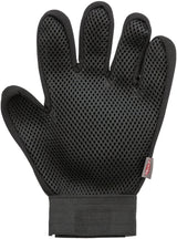 Schwarzer Netz-Handschuh mit fünf Fingern und einem elastischen Bund, verziert mit einem kleinen roten Etikett.