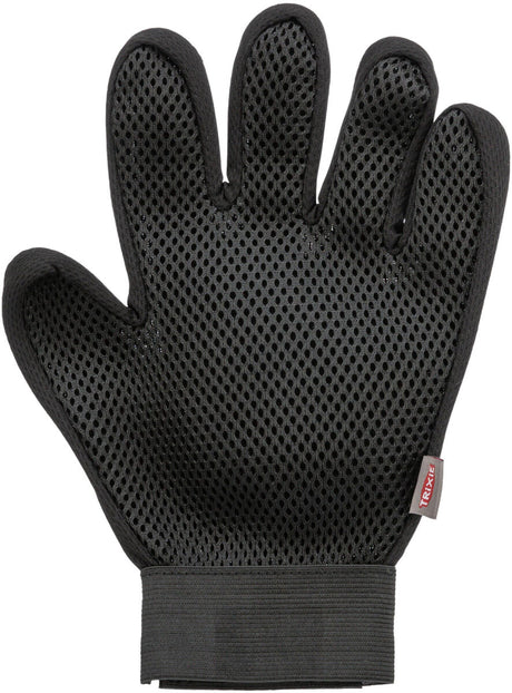 Schwarzer Netz-Handschuh mit fünf Fingern und einem elastischen Bund, verziert mit einem kleinen roten Etikett.
