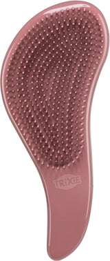 Rosa Tierpflegebürste mit Noppen und geschwungenem Griff, Markenname "TRIXIE" unten sichtbar.