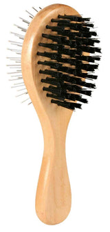 Holzhaar-Bürste mit schwarzem Kunststoffborsten und metallischen Pins, brauner Griff.