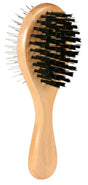 Holzhaar-Bürste mit schwarzem Kunststoffborsten und metallischen Pins, brauner Griff.