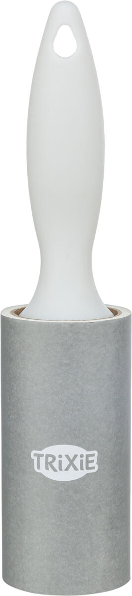 Fusselrolle mit grauem Griff und TRIXIE-Logo, zylindrische Form, ergonomischer Griff mit Loch.