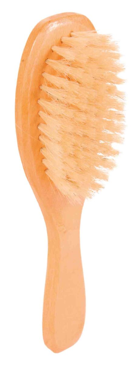 Holzbürste mit dichtem Borstenbesatz und ergonomischem Griff in heller Holzoptik.