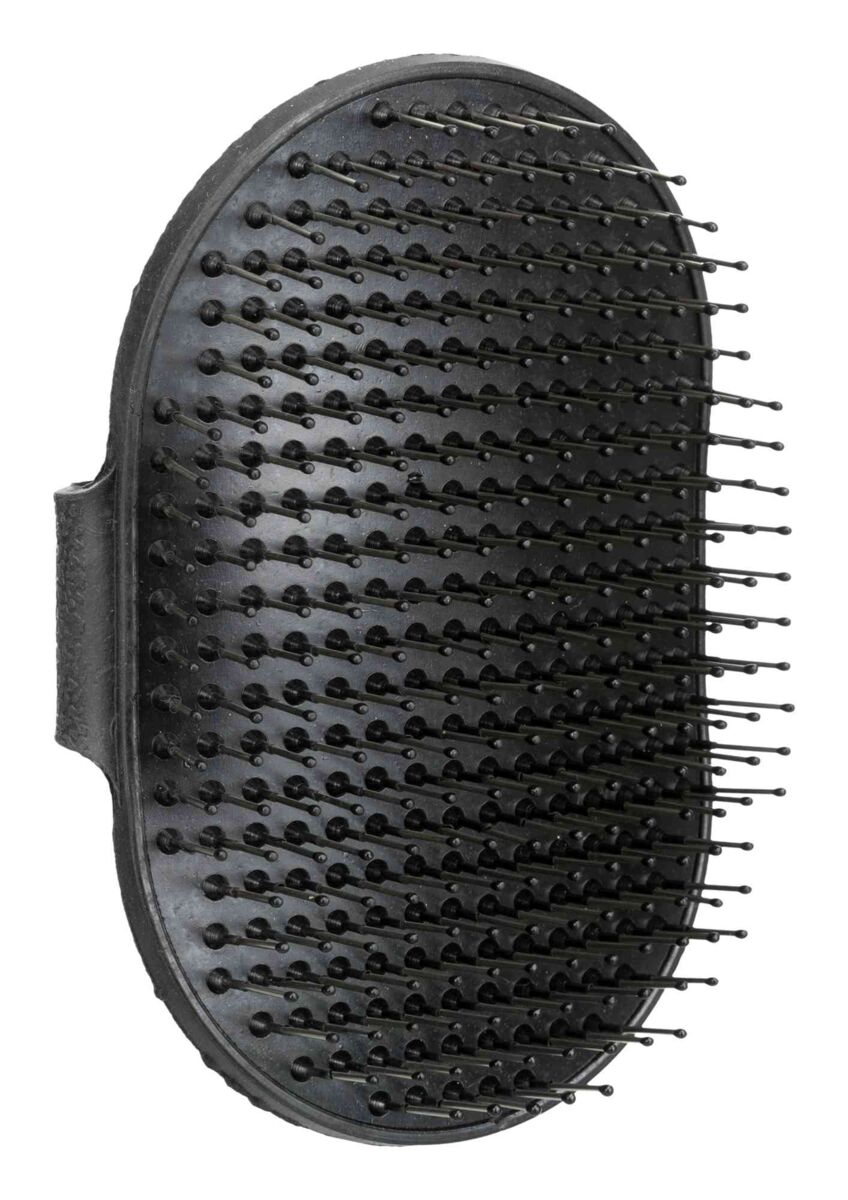 Schwarze ovale Bürste mit vielen Borsten und einem Griff an der Seite.