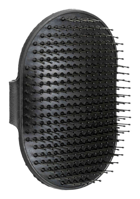 Schwarze ovale Bürste mit vielen Borsten und einem Griff an der Seite.