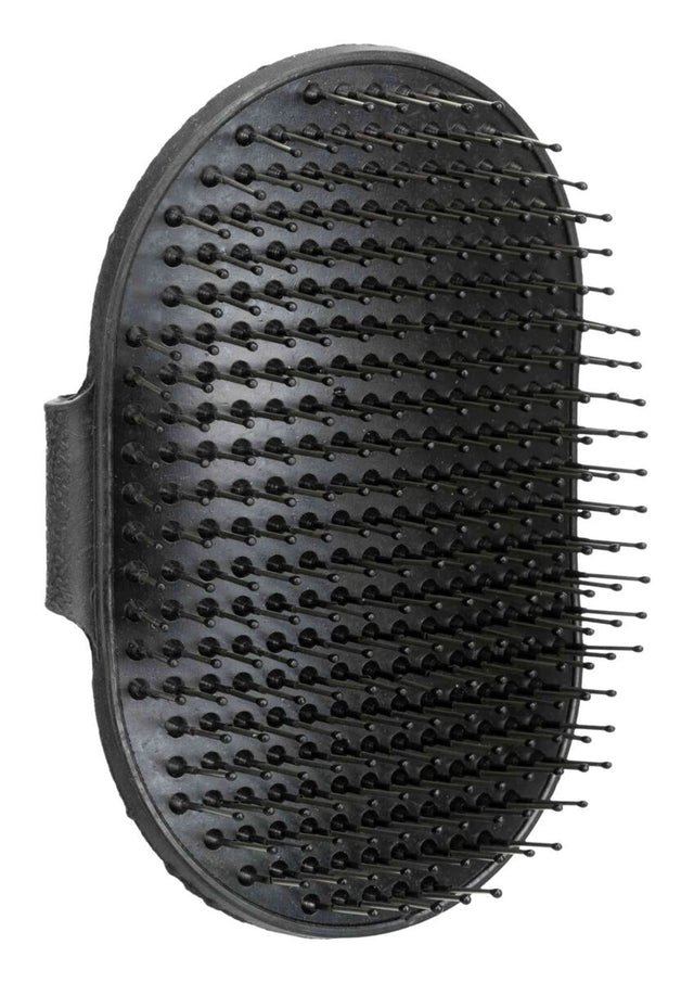 Schwarze ovale Bürste mit vielen Borsten und einem Griff an der Seite.