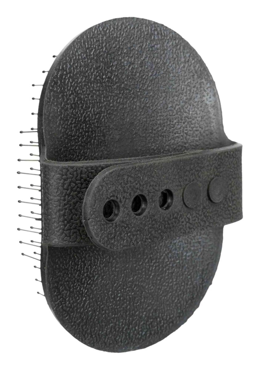 Ovale schwarze Bürste mit Noppen und strukturiertem Griff, vier Löcher auf dem Griff sichtbar.