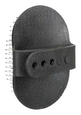 Ovale schwarze Bürste mit Noppen und strukturiertem Griff, vier Löcher auf dem Griff sichtbar.