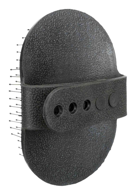 Ovale schwarze Bürste mit Noppen und strukturiertem Griff, vier Löcher auf dem Griff sichtbar.