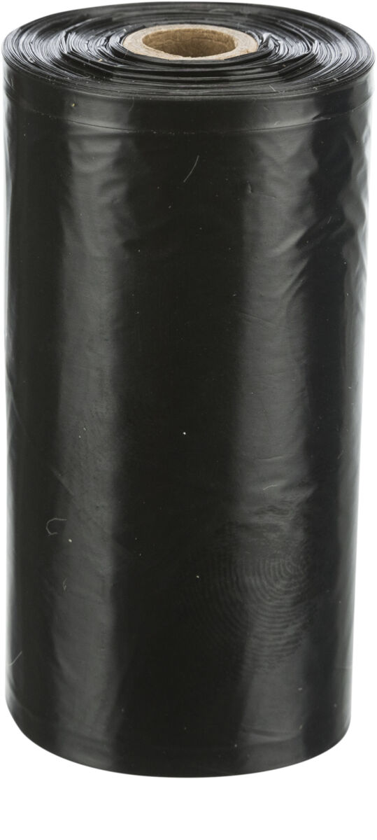 Schwarze Plastikrolle mit braunem Innenkern, aufgerollt, vertikal stehend.