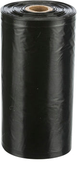Schwarze Plastikrolle mit braunem Innenkern, aufgerollt, vertikal stehend.
