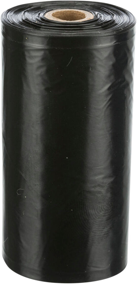 Schwarze Plastikrolle mit braunem Innenkern, aufgerollt, vertikal stehend.
