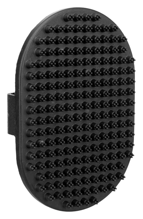 Schwarzes, ovales Gummistriegel mit kurzen Noppen; seitliche Lasche vorhanden.