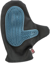 Schwarzer Handschuh mit blauer genoppter Oberfläche und rotem Etikett, möglicherweise für Tierpflege.