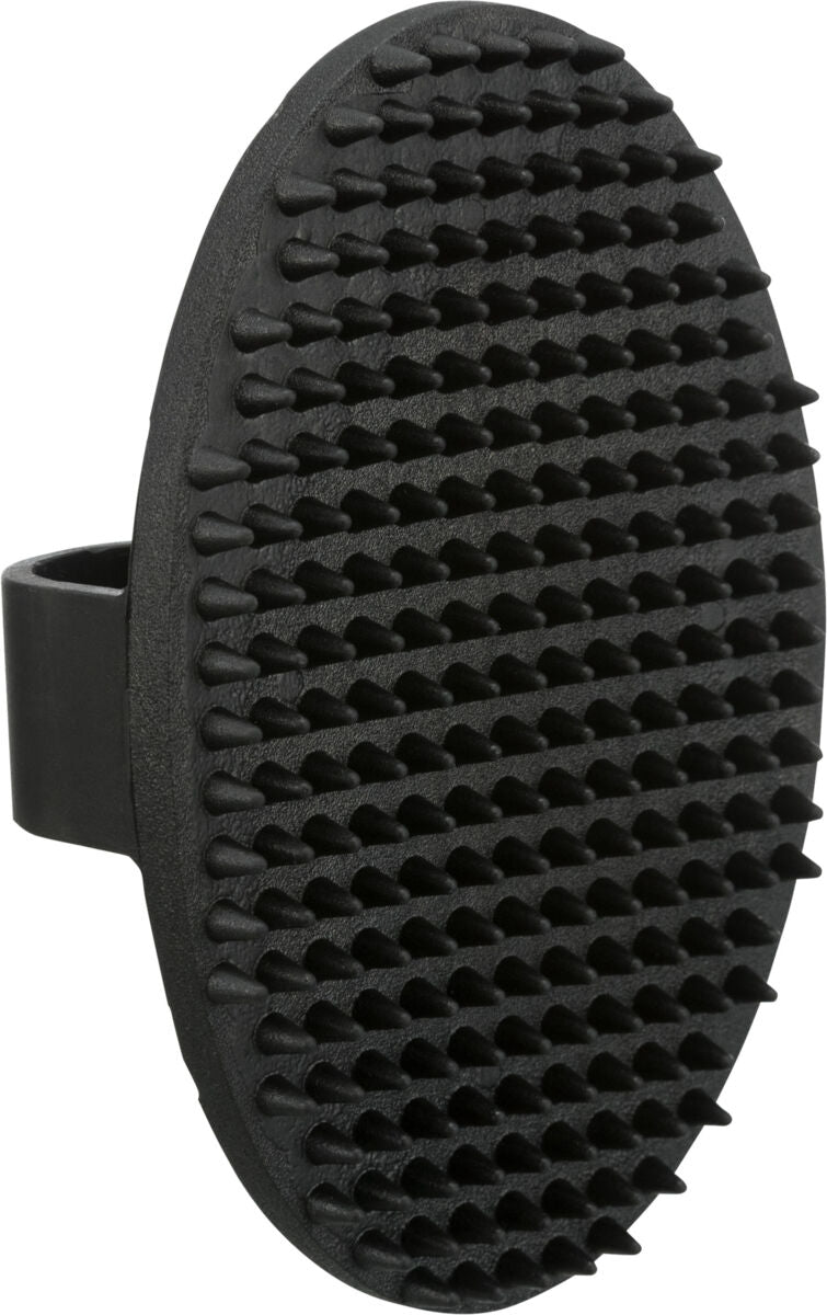 Ovale, schwarze Bürste mit zahlreichen kurzen, spitzen Noppen und einem Griff auf der Rückseite.