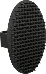 Ovale, schwarze Bürste mit zahlreichen kurzen, spitzen Noppen und einem Griff auf der Rückseite.