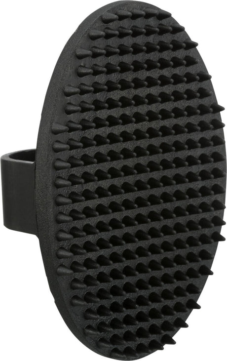 Ovale, schwarze Bürste mit zahlreichen kurzen, spitzen Noppen und einem Griff auf der Rückseite.