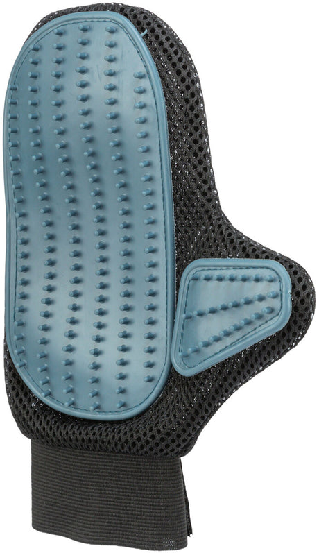 Gummierte blaue Bürstenfläche mit Noppen auf einem schwarzen Mesh-Handschuh, elastischer Bund unten.