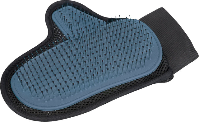 Blaue Pflegehandschuh mit schwarzen Borsten und elastischem Bund, geeignet zum Bürsten von Fell.
