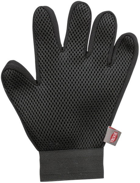 Schwarzer Netz-Handschuh mit fünf Fingern und elastischem Bündchen, rechteckiges Label mit Aufschrift "TRIXIE".