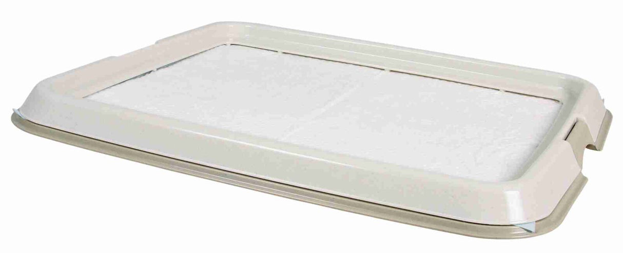 Rechteckige, flache, beige Kunststoffunterlage mit erhöhtem Rand, enthält ein weißes Einlegepad.