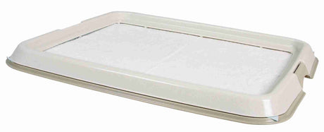Rechteckige, flache, beige Kunststoffunterlage mit erhöhtem Rand, enthält ein weißes Einlegepad.