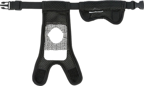 Schwarzer Netzgeschirr aus Mesh mit verstellbarem Riemen und Klickverschluss.