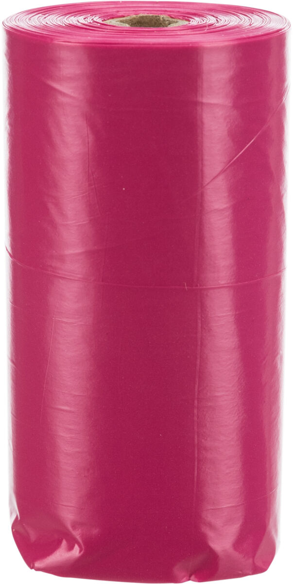 Rosa Plastikrolle mit glatter Oberfläche, aufrecht stehend mit sichtbarem Pappkern oben.