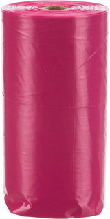 Rosa Plastikrolle mit glatter Oberfläche, aufrecht stehend mit sichtbarem Pappkern oben.