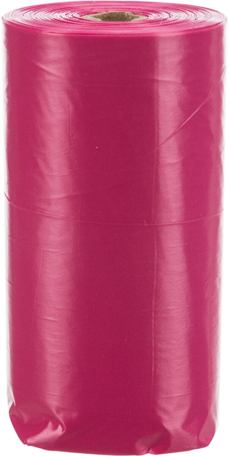 Rosa Plastikrolle mit glatter Oberfläche, aufrecht stehend mit sichtbarem Pappkern oben.