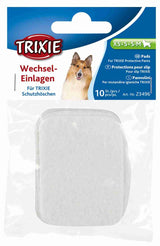 Packung mit TRIXIE-Wechsel-Einlagen für Schutzhöschen, 10 Stück, XS+S+S-M, blauer Hintergrund, Hundebild.