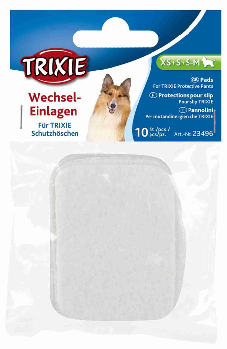 Packung mit TRIXIE-Wechsel-Einlagen für Schutzhöschen, 10 Stück, XS+S+S-M, blauer Hintergrund, Hundebild.