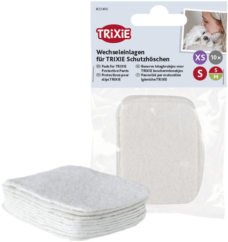 Wechselpads für TRIXIE Schutzhöschen in weißer Verpackung mit Produktinformationen und Abbildung eines Hundes.