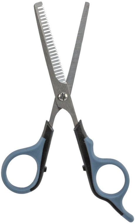 Schere mit gezahnter und glatter Klinge, schwarze und blaugraue Griffe, ist geöffnet.