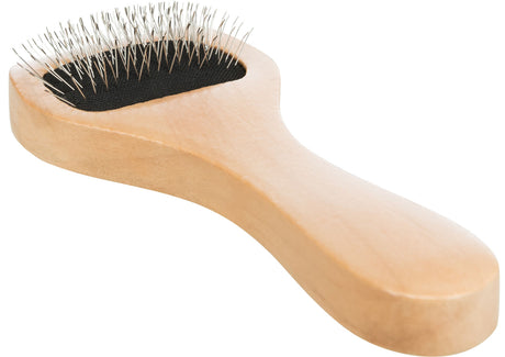 Holzgriffbürste mit Metallborsten und schwarzer Basis, aus hellem Holz gefertigt, horizontal ausgerichtet.