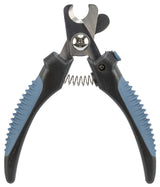Nagelknipser mit blauen Griffen und silberner Schneideklinge, Federmechanismus sichtbar, auf weißem Hintergrund.
