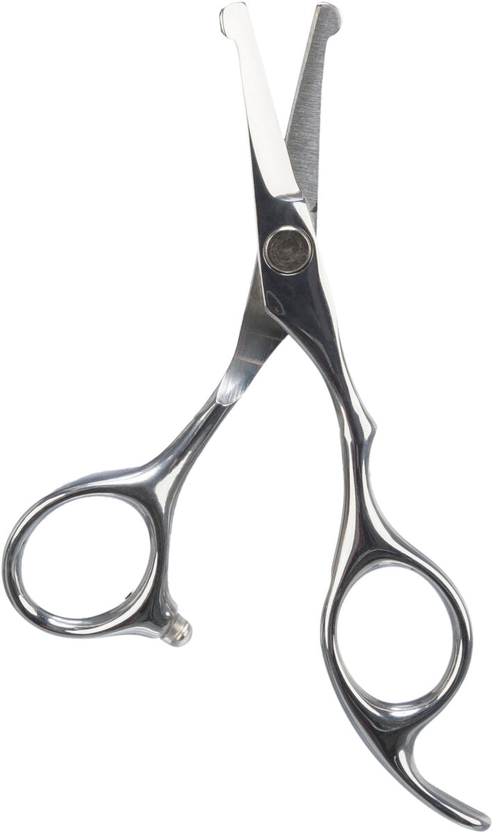 Metallschere mit abgerundeten Spitzen und Griffen, die zwei symmetrische Fingeröffnungen aufweisen.