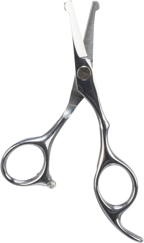 Metallschere mit abgerundeten Spitzen und Griffen, die zwei symmetrische Fingeröffnungen aufweisen.