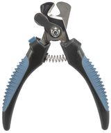 Schwarzer Nagelknipser mit blauen Griffen und Metallklingen, Federmechanismus in der Mitte sichtbar.