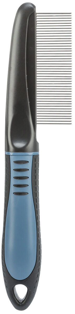 Schwarzer und blauer Kamm mit feinen Metallzinken und ergonomischem Griff, aufrecht stehend.