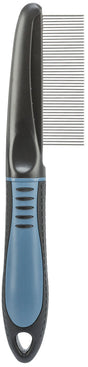 Schwarzer und blauer Kamm mit feinen Metallzinken und ergonomischem Griff, aufrecht stehend.
