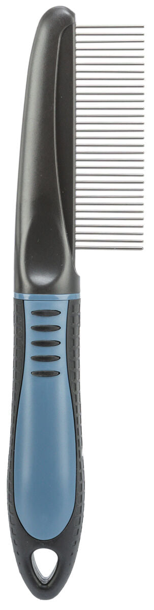 Kamm mit schwarzem Griff und blauen Details, feine Metallzinken, ergonomisches Design.