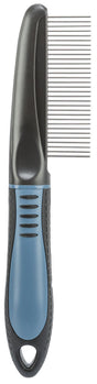 Kamm mit schwarzem Griff und blauen Details, feine Metallzinken, ergonomisches Design.