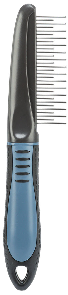 Kamm mit schwarzem Griff und blauer Gummieinlage, metallene Stifte in zwei Reihen, geeignet für Haustierpflege.