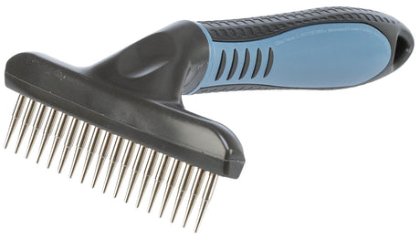 Kamm mit schwarzem Griff und blauen Details, ausgestattet mit langen Metallzinken.